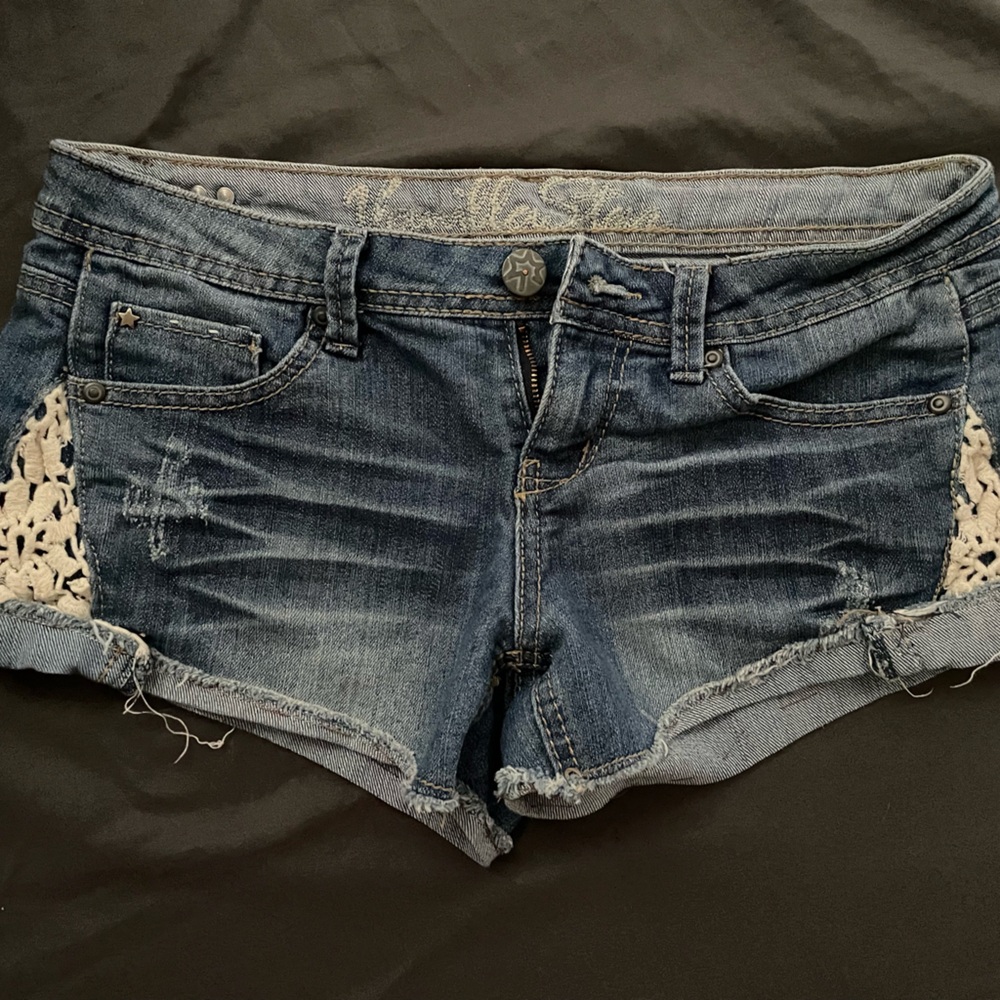 Vanilla Star Blue Denim Shorts with White Lace Accents